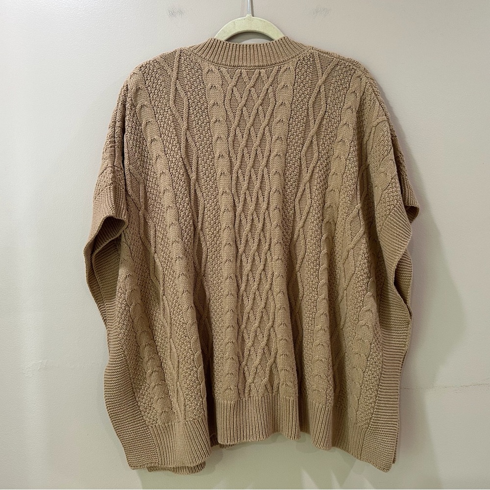 J.Crew Womens Camel Brown Fisherman Cable Knit Cape Poncho Pullover Sweater OZ - Picture 2 of 4